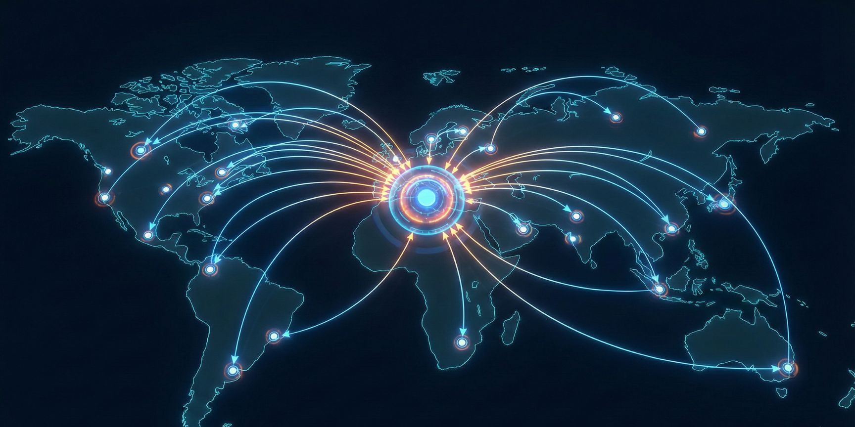 Konzeptuelle Datenvisualisierung eines globalen Hub-and-Spoke-Netzwerks auf einer stilisierten Weltkarte. Ein leuchtender zentraler Knotenpunkt (Hub) in der Mitte ist durch geschwungene Linien mit kleineren, dezentralen Knotenpunkten (Spokes) weltweit verbunden. Pfeile auf den Linien zeigen den bidirektionalen Waren- und Datenfluss und symbolisieren die effiziente Bündelung und Verteilung in der Logistik.
